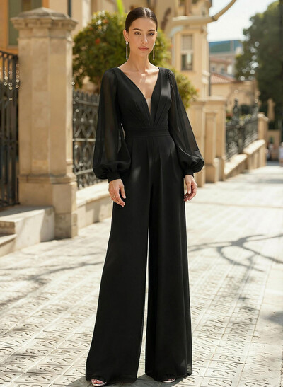 Jumpsuit/Pantsuit Plunge Neck Long Sleeves Floor-Length Chiffon Mother Of The Bride Dresses