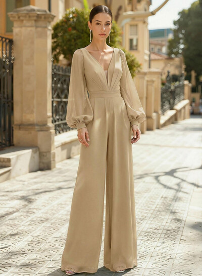 Jumpsuit/Pantsuit Plunge Neck Long Sleeves Floor-Length Chiffon Mother Of The Bride Dresses