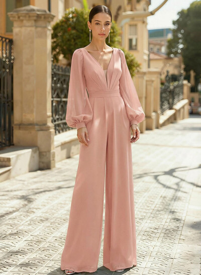 Jumpsuit/Pantsuit Plunge Neck Long Sleeves Floor-Length Chiffon Mother Of The Bride Dresses
