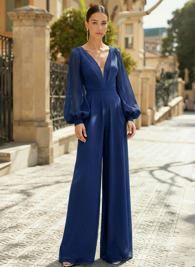 Jumpsuit/Pantsuit Plunge Neck Long Sleeves Floor-Length Chiffon Mother Of The Bride Dresses