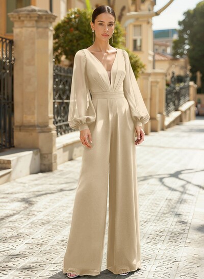 Jumpsuit/Pantsuit Plunge Neck Long Sleeves Floor-Length Chiffon Mother Of The Bride Dresses