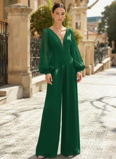Jumpsuit/Pantsuit Plunge Neck Long Sleeves Floor-Length Chiffon Mother Of The Bride Dresses