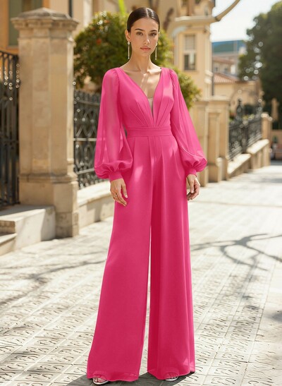 Jumpsuit/Pantsuit Plunge Neck Long Sleeves Floor-Length Chiffon Mother Of The Bride Dresses
