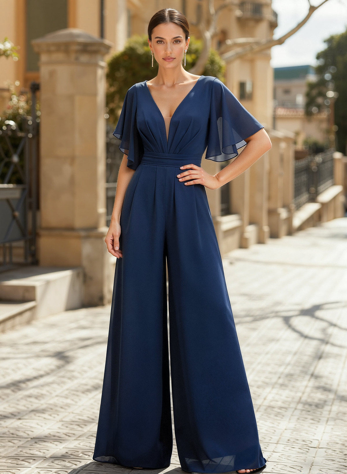Jumpsuit/Pantsuit Plunge Neck Cape Sleeves Chiffon Mother Of The Bride Dresses With Cascading Ruffles