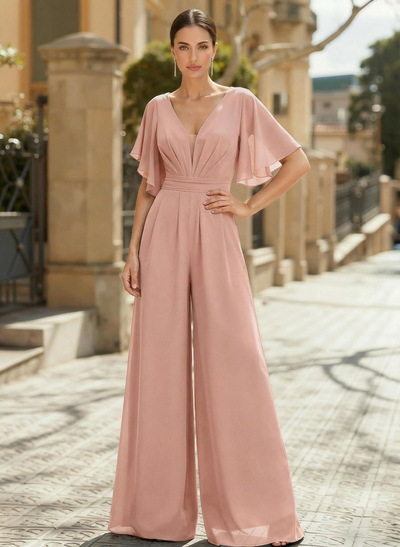 Jumpsuit/Pantsuit Plunge Neck Cape Sleeves Chiffon Mother Of The Bride Dresses With Cascading Ruffles