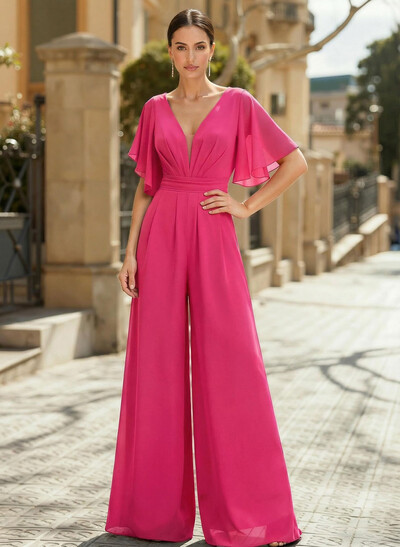 Jumpsuit/Pantsuit Plunge Neck Cape Sleeves Chiffon Mother Of The Bride Dresses With Cascading Ruffles