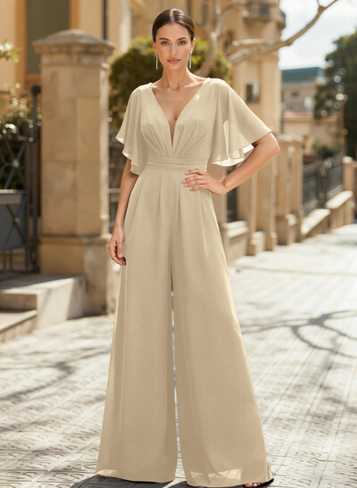Jumpsuit/Pantsuit Plunge Neck Cape Sleeves Chiffon Mother Of The Bride Dresses With Cascading Ruffles