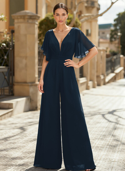 Jumpsuit/Pantsuit Plunge Neck Cape Sleeves Chiffon Mother Of The Bride Dresses With Cascading Ruffles