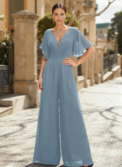 Jumpsuit/Pantsuit Plunge Neck Cape Sleeves Chiffon Mother Of The Bride Dresses With Cascading Ruffles