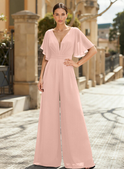 Jumpsuit/Pantsuit Plunge Neck Cape Sleeves Chiffon Mother Of The Bride Dresses With Cascading Ruffles