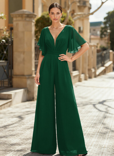 Jumpsuit/Pantsuit Plunge Neck Cape Sleeves Chiffon Mother Of The Bride Dresses With Cascading Ruffles