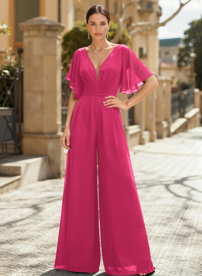 Jumpsuit/Pantsuit Plunge Neck Cape Sleeves Chiffon Mother Of The Bride Dresses With Cascading Ruffles