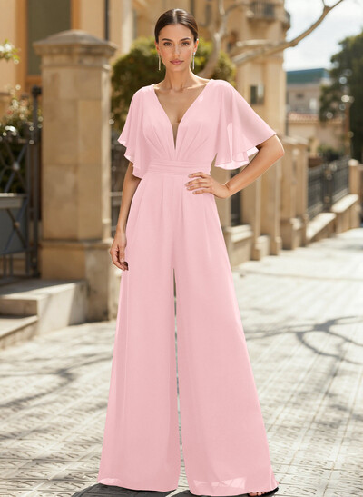 Jumpsuit/Pantsuit Plunge Neck Cape Sleeves Chiffon Mother Of The Bride Dresses With Cascading Ruffles