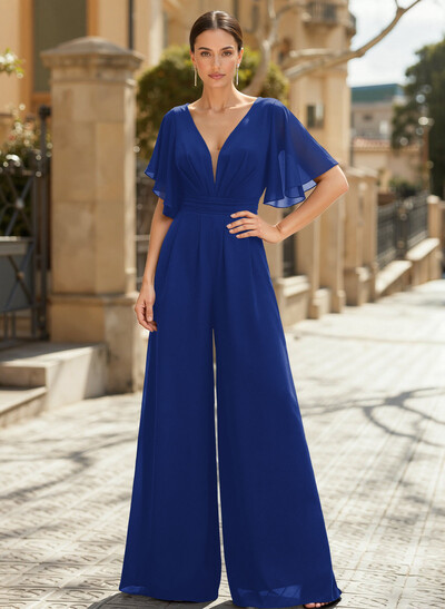 Jumpsuit/Pantsuit Plunge Neck Cape Sleeves Chiffon Mother Of The Bride Dresses With Cascading Ruffles
