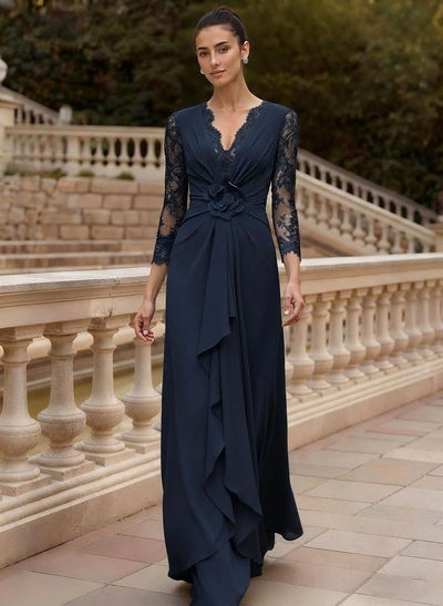 Sheath/Column V-Neck 3/4 Sleeves Floor-Length Lace/Elastic Satin Mother Of The Bride Dresses With Cascading Ruffles/Lace/Flower(s)