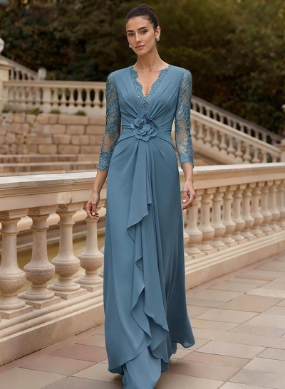 Sheath/Column V-Neck 3/4 Sleeves Floor-Length Lace/Elastic Satin Mother Of The Bride Dresses With Cascading Ruffles/Lace/Flower(s)