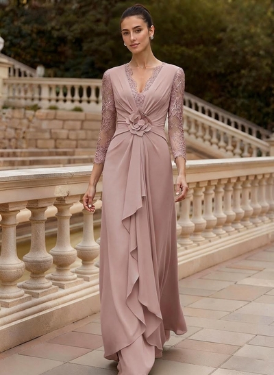 Sheath/Column V-Neck 3/4 Sleeves Floor-Length Lace/Elastic Satin Mother Of The Bride Dresses With Cascading Ruffles/Lace/Flower(s)