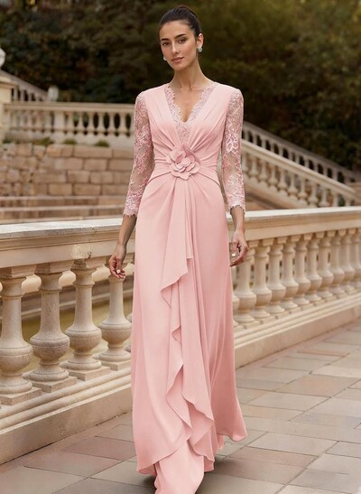 Sheath/Column V-Neck 3/4 Sleeves Floor-Length Lace/Elastic Satin Mother Of The Bride Dresses With Cascading Ruffles/Lace/Flower(s)