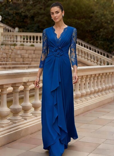 Sheath/Column V-Neck 3/4 Sleeves Floor-Length Lace/Elastic Satin Mother Of The Bride Dresses With Cascading Ruffles/Lace/Flower(s)