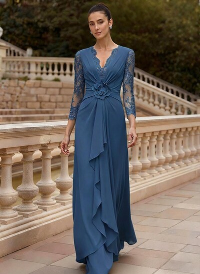 Sheath/Column V-Neck 3/4 Sleeves Floor-Length Lace/Elastic Satin Mother Of The Bride Dresses With Cascading Ruffles/Lace/Flower(s)