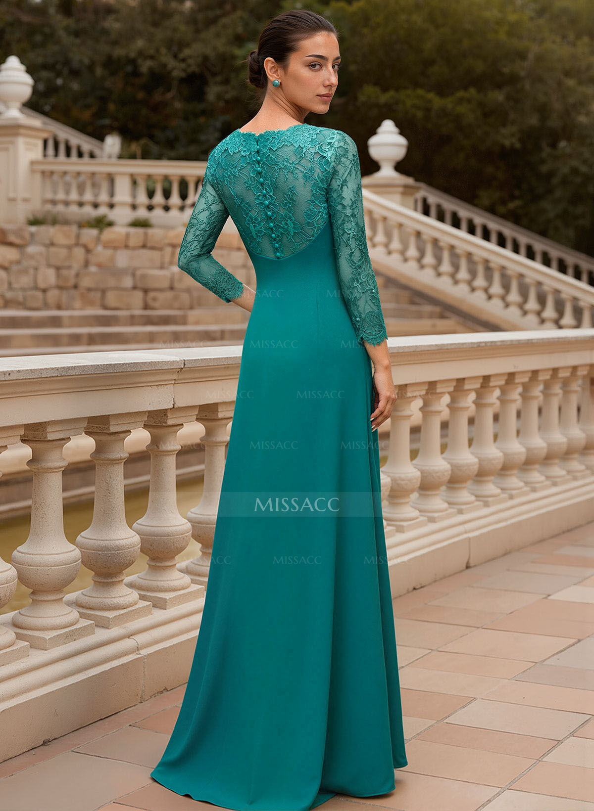 Sheath/Column V-Neck 3/4 Sleeves Floor-Length Lace/Elastic Satin Mother Of The Bride Dresses With Cascading Ruffles/Lace/Flower(s)