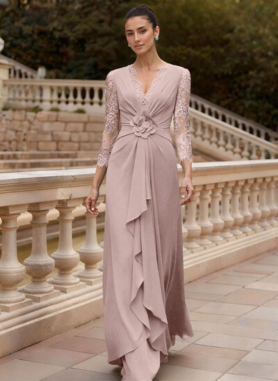 Sheath/Column V-Neck 3/4 Sleeves Floor-Length Lace/Elastic Satin Mother Of The Bride Dresses With Cascading Ruffles/Lace/Flower(s)