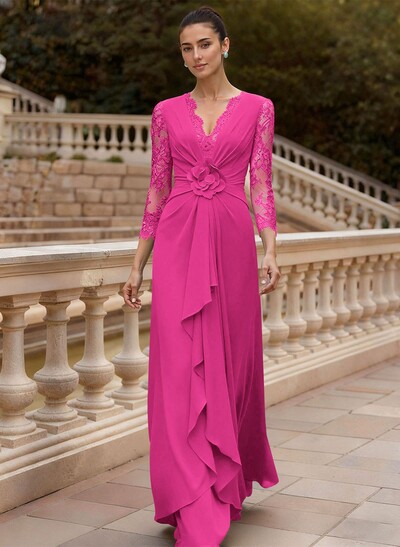Sheath/Column V-Neck 3/4 Sleeves Floor-Length Lace/Elastic Satin Mother Of The Bride Dresses With Cascading Ruffles/Lace/Flower(s)