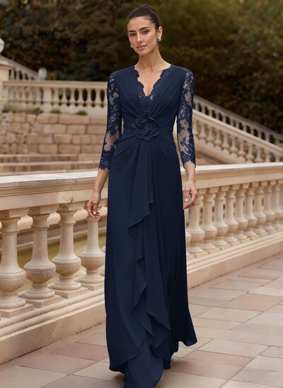 Sheath/Column V-Neck 3/4 Sleeves Floor-Length Lace/Elastic Satin Mother Of The Bride Dresses With Cascading Ruffles/Lace/Flower(s)
