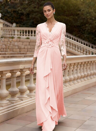 Sheath/Column V-Neck 3/4 Sleeves Floor-Length Lace/Elastic Satin Mother Of The Bride Dresses With Cascading Ruffles/Lace/Flower(s)