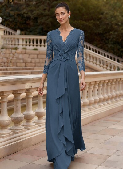 Sheath/Column V-Neck 3/4 Sleeves Floor-Length Lace/Elastic Satin Mother Of The Bride Dresses With Cascading Ruffles/Lace/Flower(s)