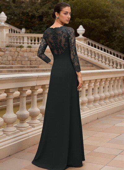 Sheath/Column V-Neck 3/4 Sleeves Floor-Length Lace/Elastic Satin Mother Of The Bride Dresses With Cascading Ruffles/Lace/Flower(s)