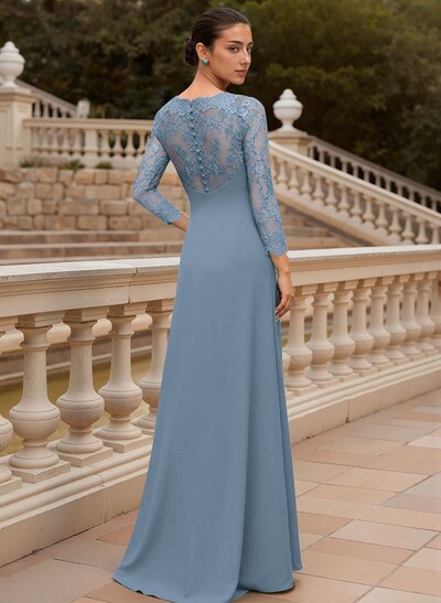 Sheath/Column V-Neck 3/4 Sleeves Floor-Length Lace/Elastic Satin Mother Of The Bride Dresses With Cascading Ruffles/Lace/Flower(s)