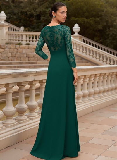 Sheath/Column V-Neck 3/4 Sleeves Floor-Length Lace/Elastic Satin Mother Of The Bride Dresses With Cascading Ruffles/Lace/Flower(s)