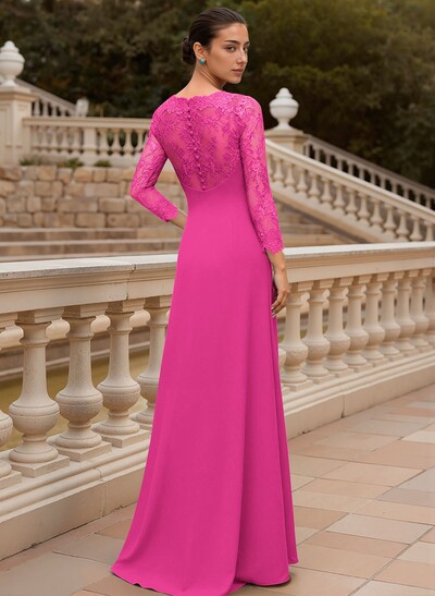 Sheath/Column V-Neck 3/4 Sleeves Floor-Length Lace/Elastic Satin Mother Of The Bride Dresses With Cascading Ruffles/Lace/Flower(s)