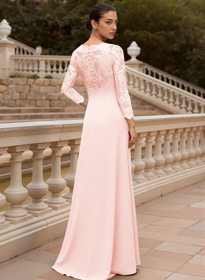 Sheath/Column V-Neck 3/4 Sleeves Floor-Length Lace/Elastic Satin Mother Of The Bride Dresses With Cascading Ruffles/Lace/Flower(s)