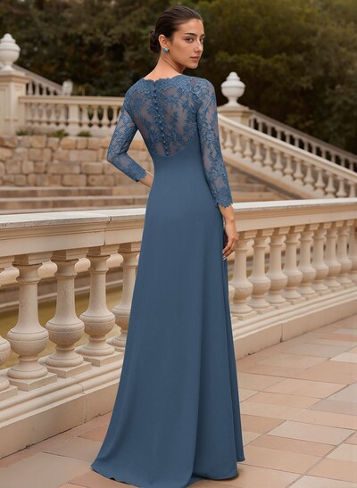 Sheath/Column V-Neck 3/4 Sleeves Floor-Length Lace/Elastic Satin Mother Of The Bride Dresses With Cascading Ruffles/Lace/Flower(s)