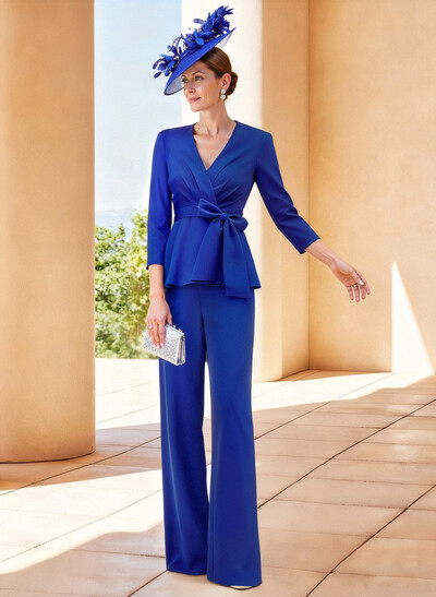 Jumpsuit/Pantsuit V-Neck 3/4 Sleeves Detachable Crepe Satin Mother Of The Bride Dresses With Bow(s)