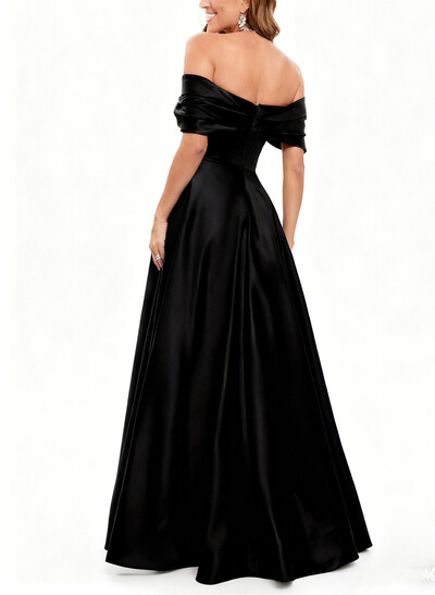 A-Line Off-The-Shoulder Floor-Length Matte Satin Mother Of The Bride Dresses With High Split
