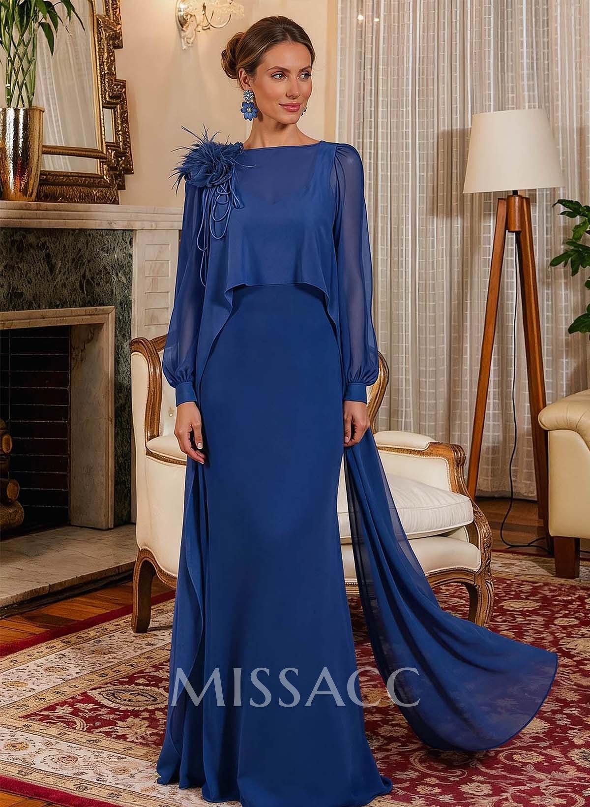 Sheath/Column Scoop Neck Long Sleeves Floor-Length Chiffon Mother Of The Bride Dresses With Flower(s)/Sweeping Side Drape Sheath/Column Scoop Neck Long Sleeves Floor-Length Chiffon Mother Of The Bride Dresses With Flower(s)/Sweeping Side Drape