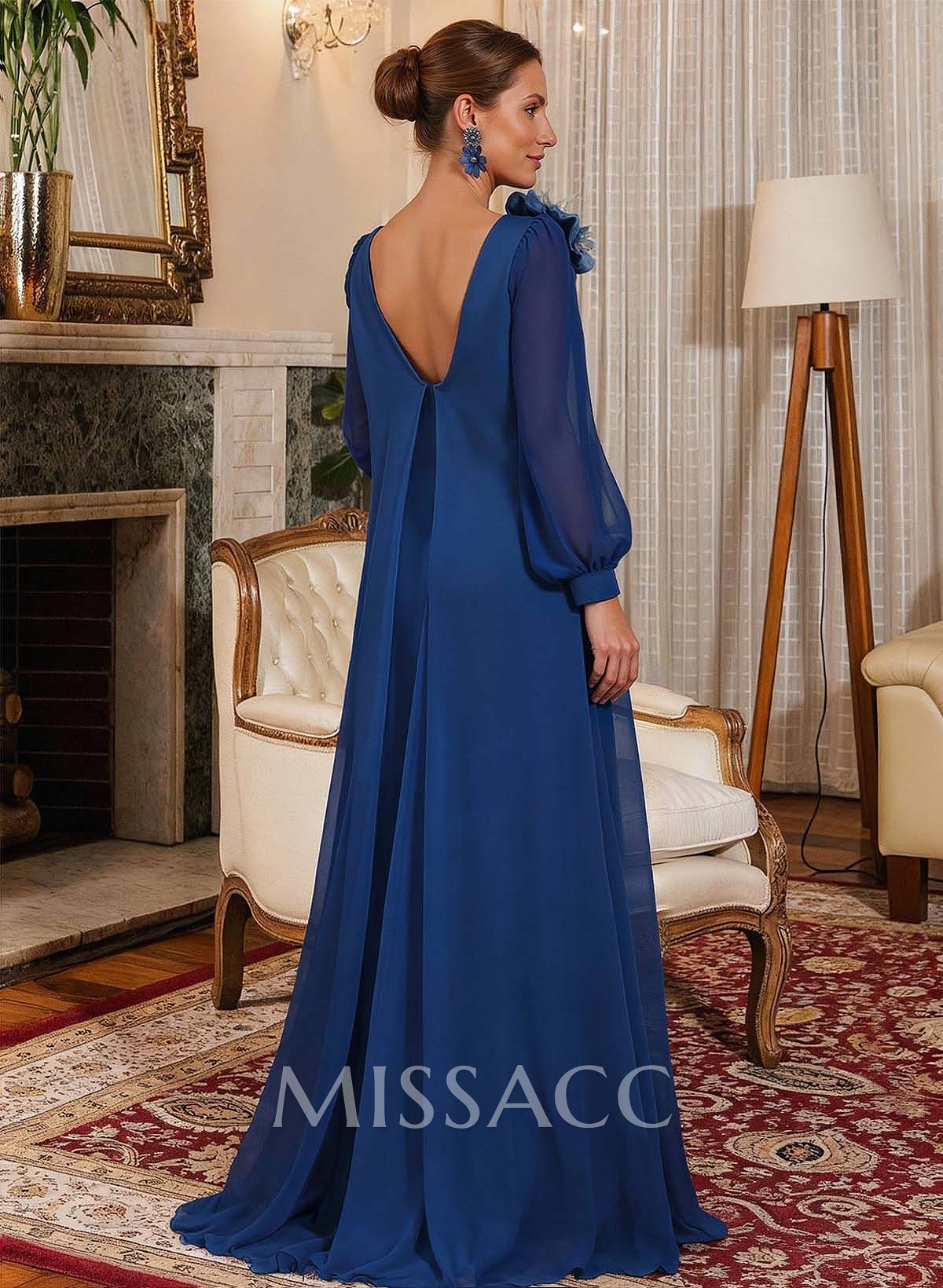 Sheath/Column Scoop Neck Long Sleeves Floor-Length Chiffon Mother Of The Bride Dresses With Flower(s)/Sweeping Side Drape Sheath/Column Scoop Neck Long Sleeves Floor-Length Chiffon Mother Of The Bride Dresses With Flower(s)/Sweeping Side Drape
