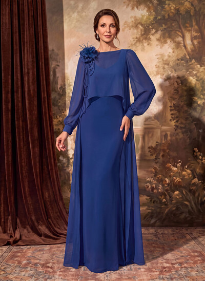 Column/Sheath Scoop Neck Long Sleeve Floor-Length Chiffon Mother of the Bride Dress with Floral Detail and Side Drape
