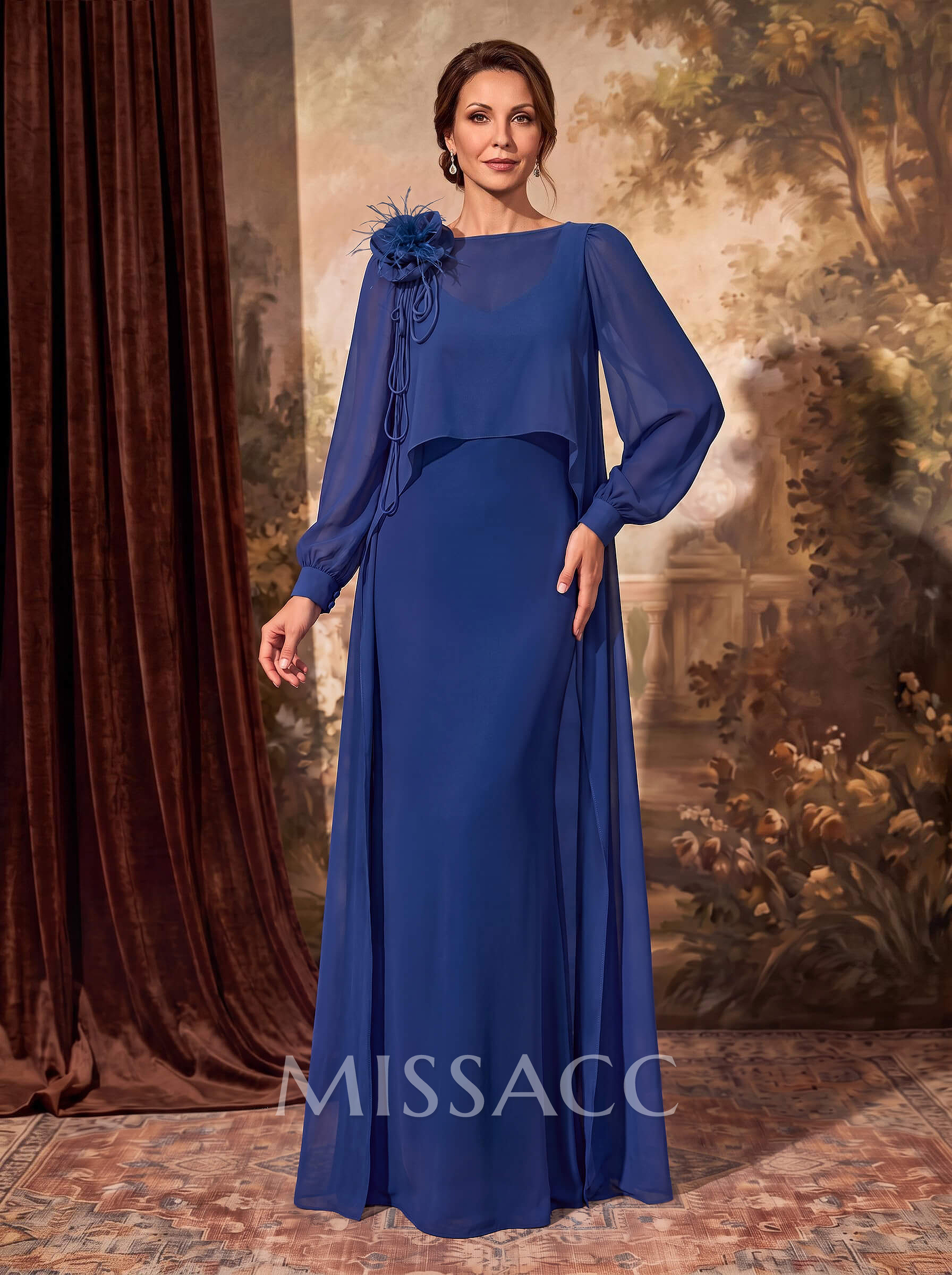 Sheath/Column Scoop Neck Long Sleeves Floor-Length Chiffon Mother Of The Bride Dresses With Flower(s)/Sweeping Side Drape