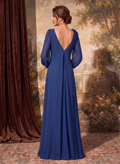 Column/Sheath Scoop Neck Long Sleeve Floor-Length Chiffon Mother of the Bride Dress with Floral Detail and Side Drape
