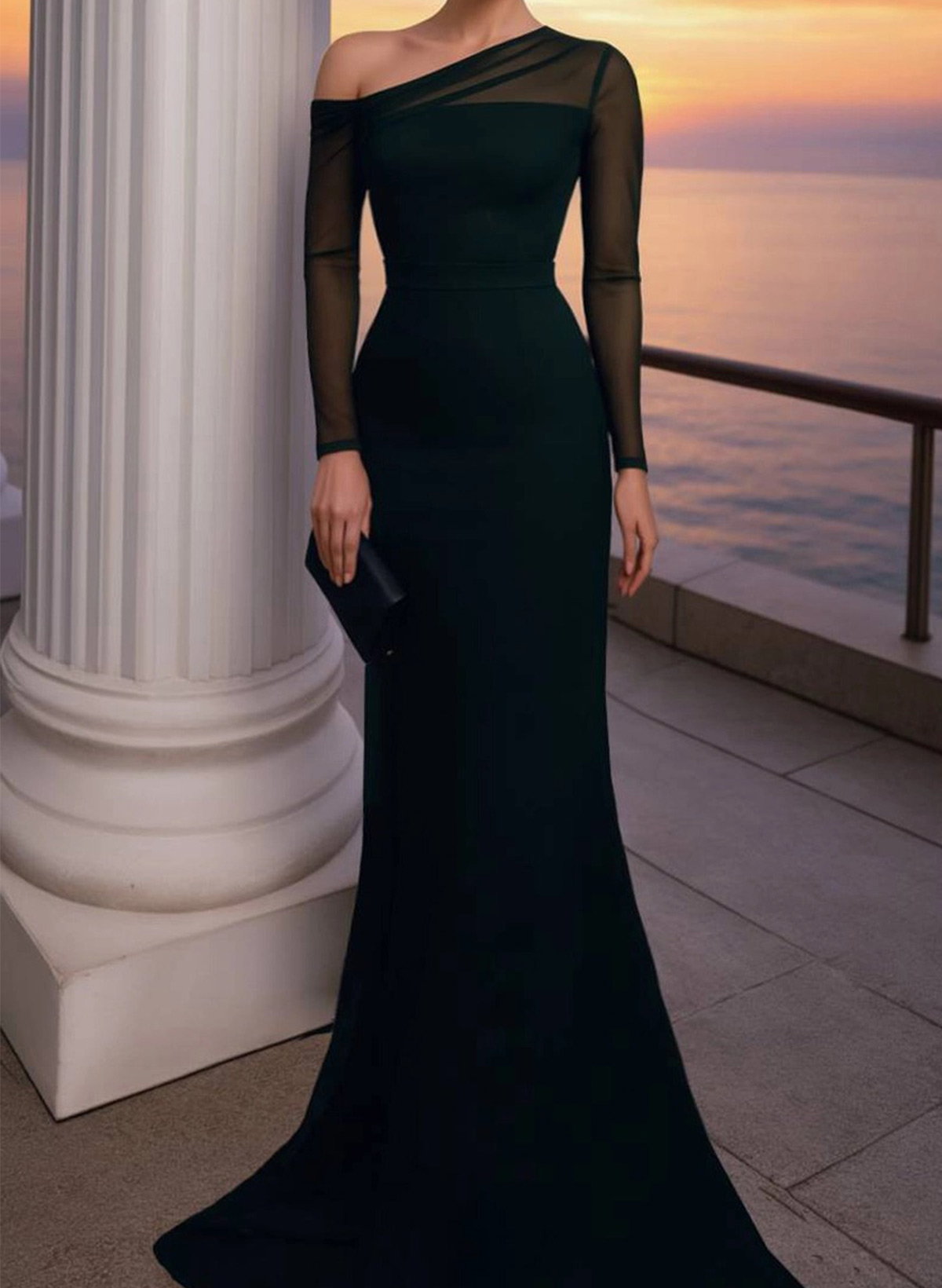 Sheath/Column Asymmetrical Long Sleeves Sweep Train Tulle/Elastic Satin Mother Of The Bride Dresses