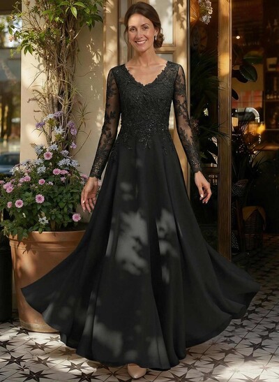 A-Line V-Neck Long Sleeves Floor-Length Chiffon/Sequined Mother Of The Bride Dresses With Sequins
