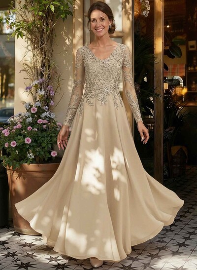A-Line V-Neck Long Sleeves Floor-Length Chiffon/Sequined Mother Of The Bride Dresses With Sequins