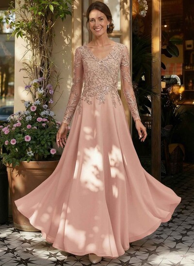 A-Line V-Neck Long Sleeves Floor-Length Chiffon/Sequined Mother Of The Bride Dresses With Sequins