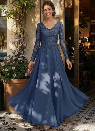 A-Line V-Neck Long Sleeves Floor-Length Chiffon/Sequined Mother Of The Bride Dresses With Sequins