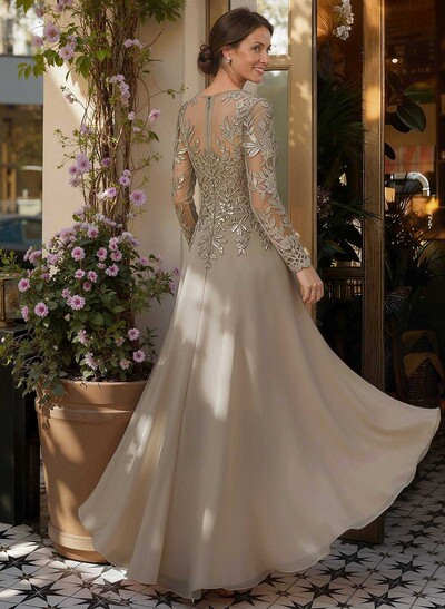 A-Line V-Neck Long Sleeves Floor-Length Chiffon/Sequined Mother Of The Bride Dresses With Sequins
