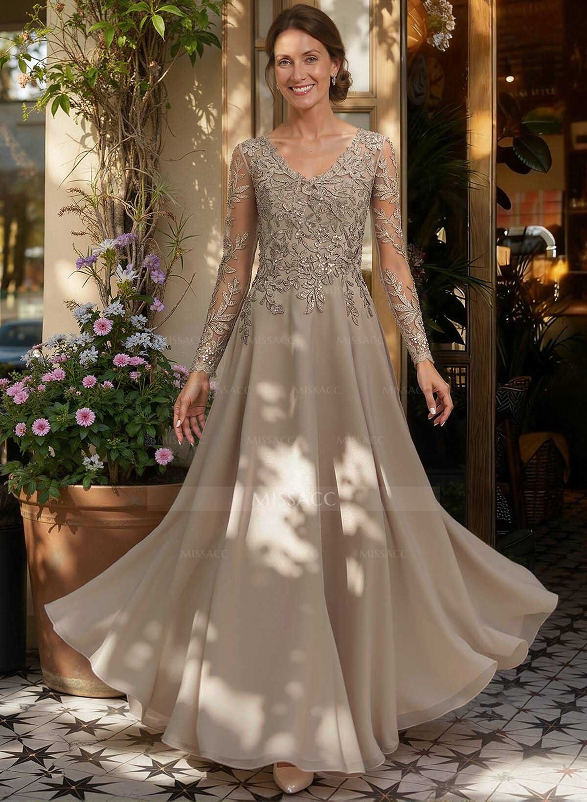 A-Line V-Neck Long Sleeves Floor-Length Chiffon/Sequined Mother Of The Bride Dresses With Sequins